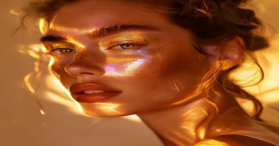 Mujer con glow natural en pómulos aplicado con iluminador de maquillaje dorado