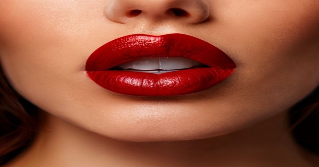 Primer plano de labios perfectamente perfilados con pintalabios rojo y perfilador