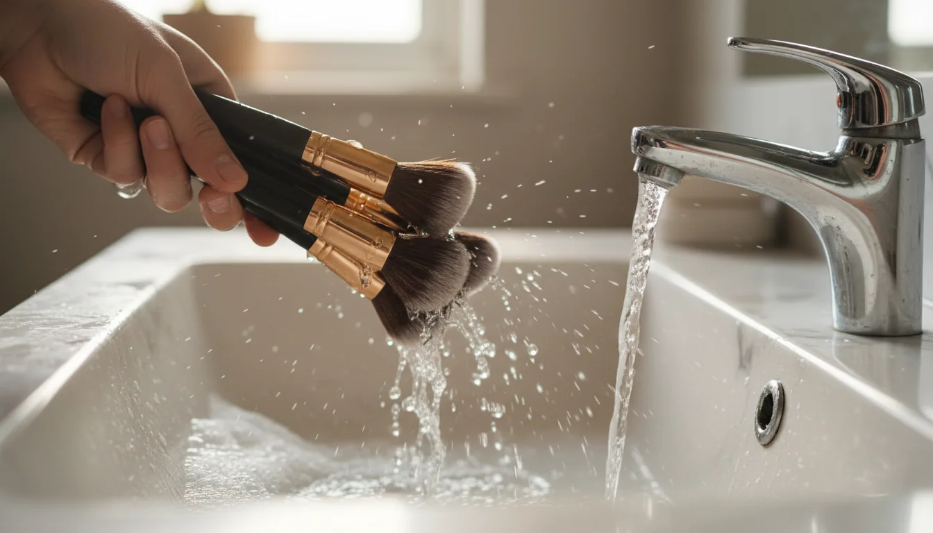 Pinceles de maquillaje limpios sobre fondo claro