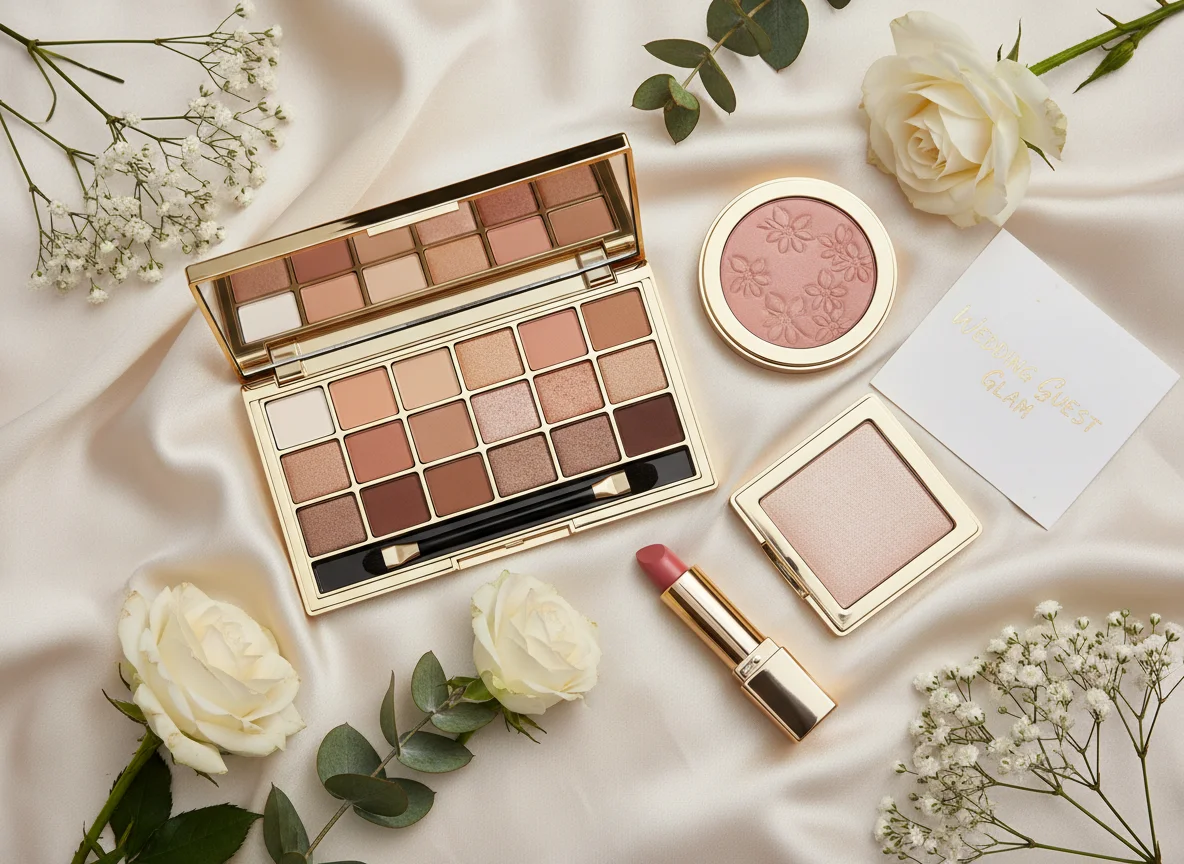 Maquillaje elegante de invitada de boda con paleta champagne