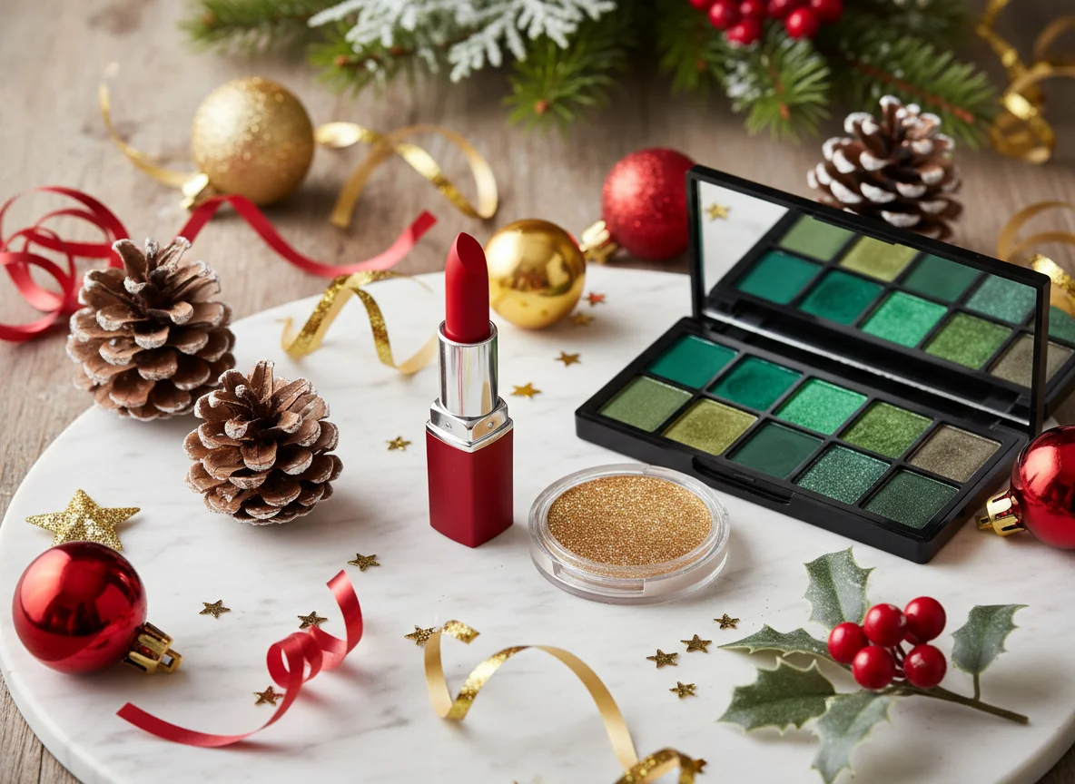 Productos de maquillaje navideño con paleta dorada y burgundy